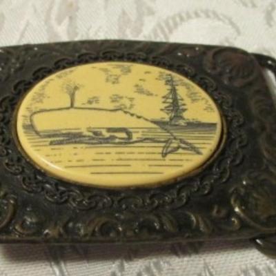 Oden belt buckle with whale, tie tack with ship, both faux scrimshaw