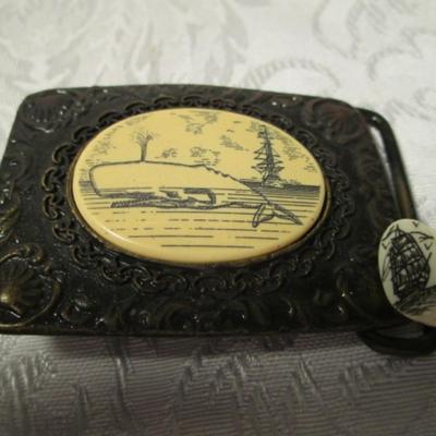 Oden belt buckle with whale, tie tack with ship, both faux scrimshaw