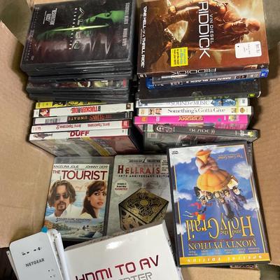 Netgear and a box full of DVDs