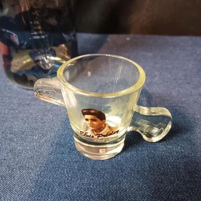 EMPTY BOTTLE "A PORTRAIT OF ELVIS" SHOT GLASS AND ELVIS GLASS WITH GLASS STRAW