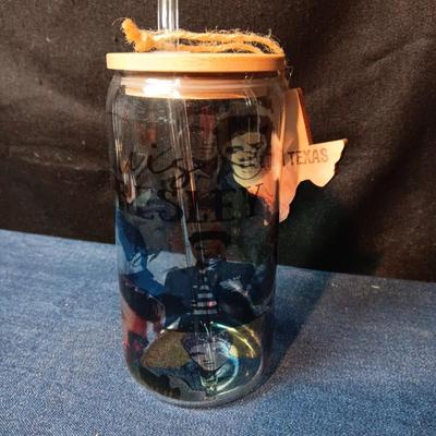 EMPTY BOTTLE "A PORTRAIT OF ELVIS" SHOT GLASS AND ELVIS GLASS WITH GLASS STRAW