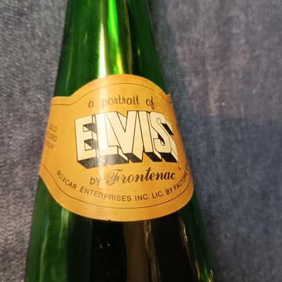 EMPTY BOTTLE "A PORTRAIT OF ELVIS" SHOT GLASS AND ELVIS GLASS WITH GLASS STRAW