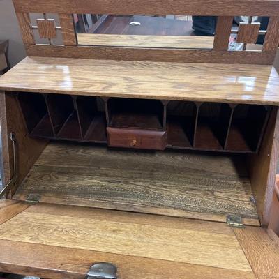 Mission style drop down desk with mirror decor