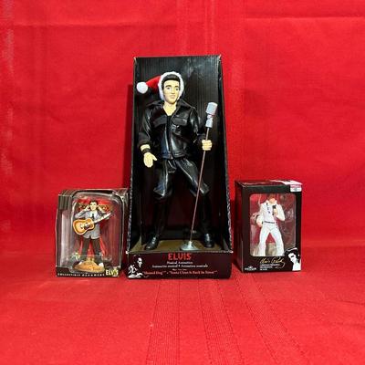 ELVIS PRESLEY MUSICAL FIGURE AND 2 ORNAMENTS