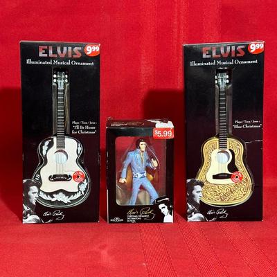 2 ELVIS ILLUMINATED MUSICAL ORNAMENTS AND A 3RD ORNAMENT