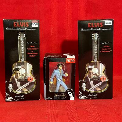 2 ELVIS ILLUMINATED MUSICAL ORNAMENTS AND A 3RD ORNAMENT