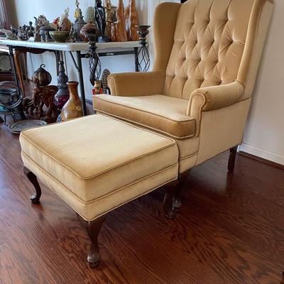 Queen Anne Style Wing Back Chair with Footrest