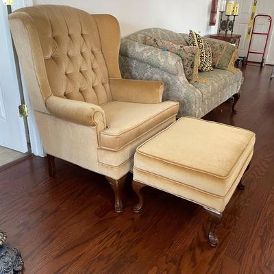 Queen Anne Style Wing Back Chair with Footrest