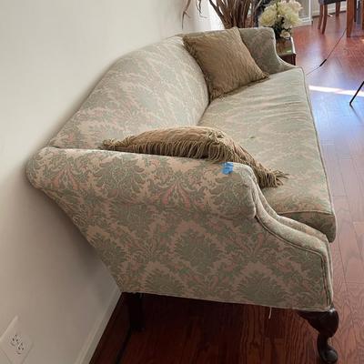 Carved Mahogany Queen Anne Style Upholstered Sofa