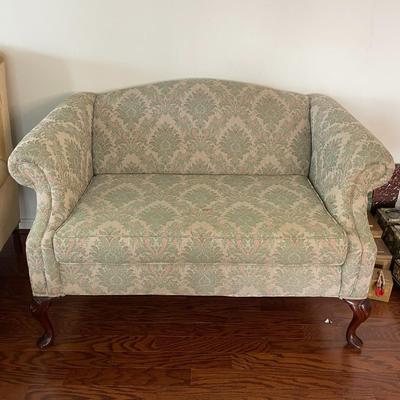 Carved Mahogany Queen Anne Style Upholstered Love Seat