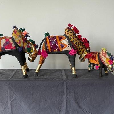 Vintage Indian Patchwork Embroidered Bull Sculptures