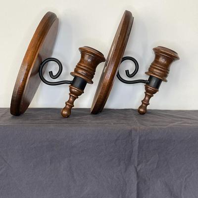 Pair of Vintage Solid Wood Black Metal Candle Holders
