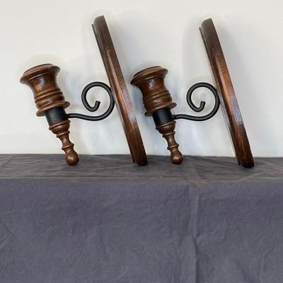 Pair of Vintage Solid Wood Black Metal Candle Holders