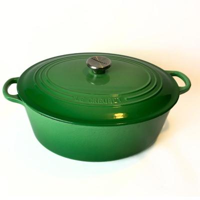158. Le Creuset Green Oval Signature Enamel Cast Iron Dutch Oven