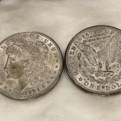2 vintage 1921 Morgan silver dollar coins