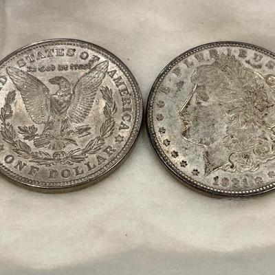 2 vintage 1921 Morgan silver dollar coins