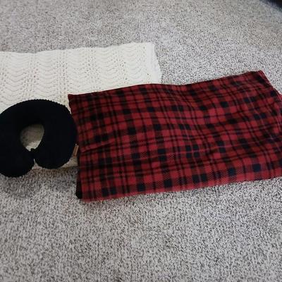 Super soft red & black throw blanket -White Afghan and a black neck pillow