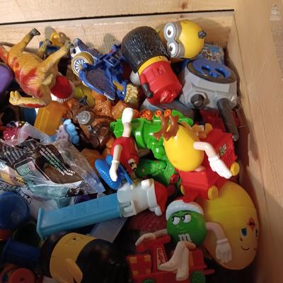 WOODEN CRATE WITH VARIOUS SMALL TOYS