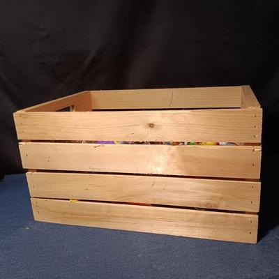 WOODEN CRATE WITH VARIOUS SMALL TOYS