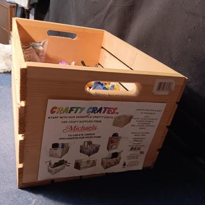 WOODEN CRATE WITH VARIOUS SMALL TOYS