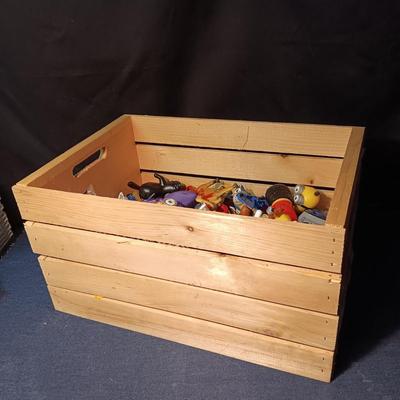 WOODEN CRATE WITH VARIOUS SMALL TOYS