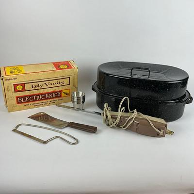 314 Oval Enamel Roasting Pan With Lady Vanity Electric Knife & Butcher Knife