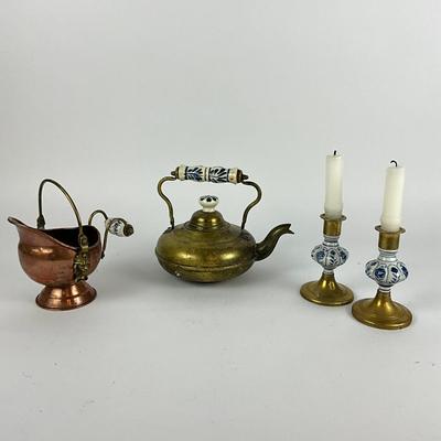 315 Copper Cod Hod, Candlestick & Brass Copper Teapot