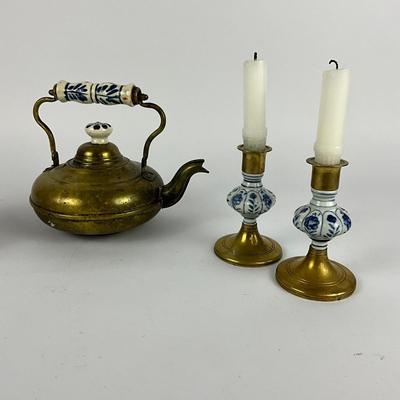 315 Copper Cod Hod, Candlestick & Brass Copper Teapot