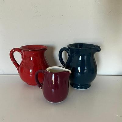 322 Three Small Tea Kettles and One Teal Color Pitcher