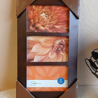 Metal decorative bowl with leaves and decorative balls inside with a brand-new picture frame
