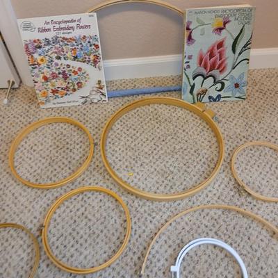 Embroidery rings of all sizes with An Encyclopedia of ribbon Embroidery flowers book