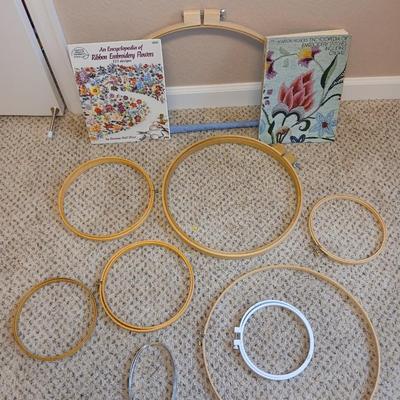 Embroidery rings of all sizes with An Encyclopedia of ribbon Embroidery flowers book