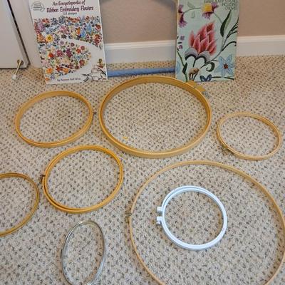 Embroidery rings of all sizes with An Encyclopedia of ribbon Embroidery flowers book