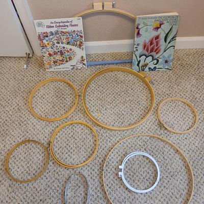 Embroidery rings of all sizes with An Encyclopedia of ribbon Embroidery flowers book