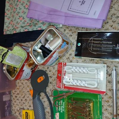 Storage box with quilting supplies - thread & needles - fabric - batting - Rotary tool and more