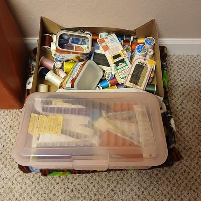 Storage box with quilting supplies - thread & needles - fabric - batting - Rotary tool and more