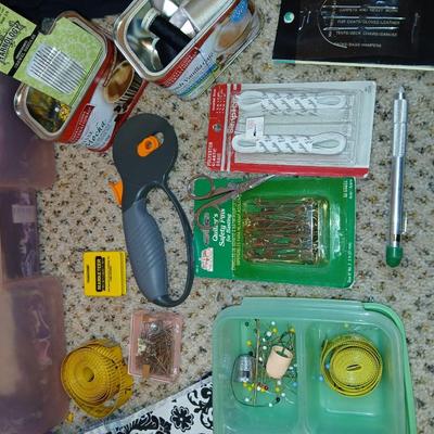 Storage box with quilting supplies - thread & needles - fabric - batting - Rotary tool and more