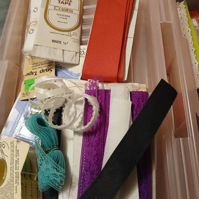 Storage box with quilting supplies - thread & needles - fabric - batting - Rotary tool and more
