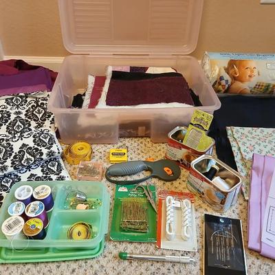 Storage box with quilting supplies - thread & needles - fabric - batting - Rotary tool and more