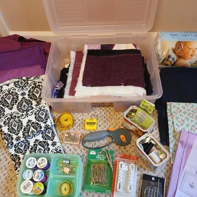 Storage box with quilting supplies - thread & needles - fabric - batting - Rotary tool and more
