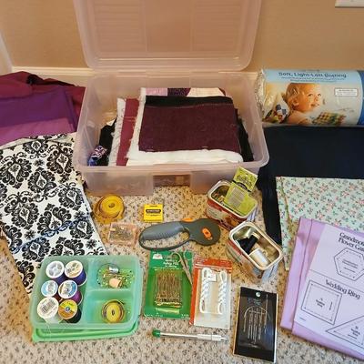 Storage box with quilting supplies - thread & needles - fabric - batting - Rotary tool and more
