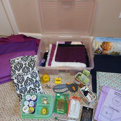 Storage box with quilting supplies - thread & needles - fabric - batting - Rotary tool and more