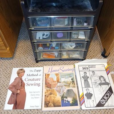Multi drawer organizer with sewing items - thread - needles - elastic - and two sewing books