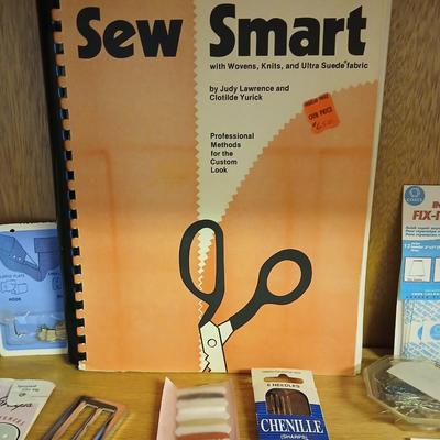 Sew Smart book with mostly new in the package sewing supplies