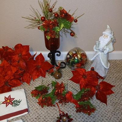 Christmas - Faux poinsettia flowers - Cardinals -red vase - and more poinsettia themed decorations