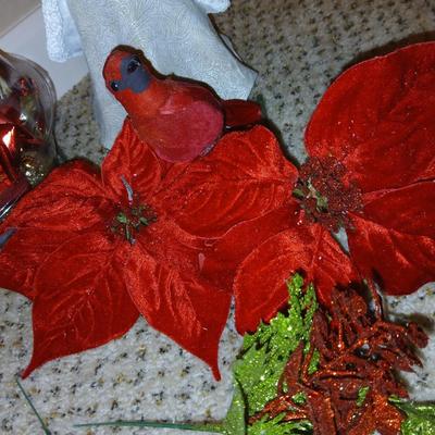 Christmas - Faux poinsettia flowers - Cardinals -red vase - and more poinsettia themed decorations