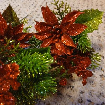 Christmas - Faux poinsettia flowers - Cardinals -red vase - and more poinsettia themed decorations