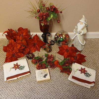 Christmas - Faux poinsettia flowers - Cardinals -red vase - and more poinsettia themed decorations