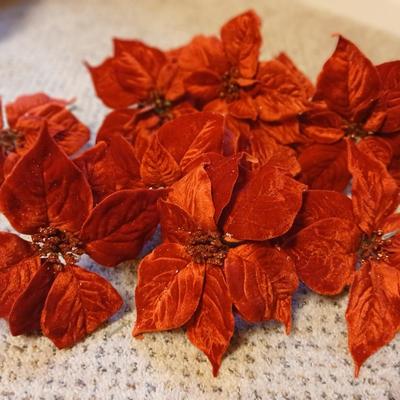 Christmas - Faux poinsettia flowers - Cardinals -red vase - and more poinsettia themed decorations