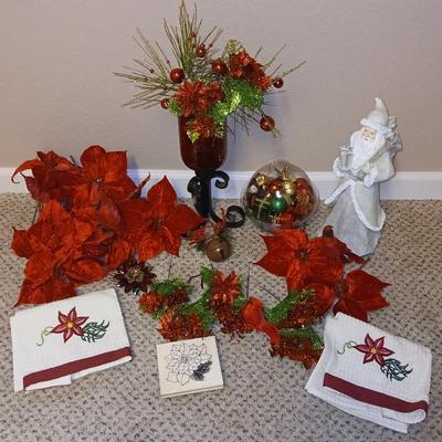 Christmas - Faux poinsettia flowers - Cardinals -red vase - and more poinsettia themed decorations